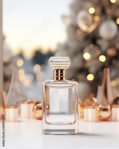 Mock up of elegant glass perfume bottle on table. Isolated in Scandinavian Christmas background with golden decorations. Beauty product packaging. Product photography. Holiday, winter celebration.