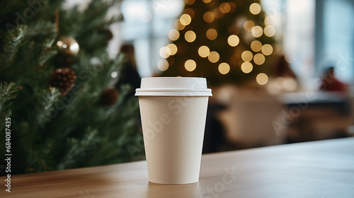 Paper cup with coffee сlose up. Coffee cup. Christmas tree with lights on the background. Holiday season. Time for drink coffee. Coffee to go. Take a break. Disposable paper cup. Mockup. Generated AI photo