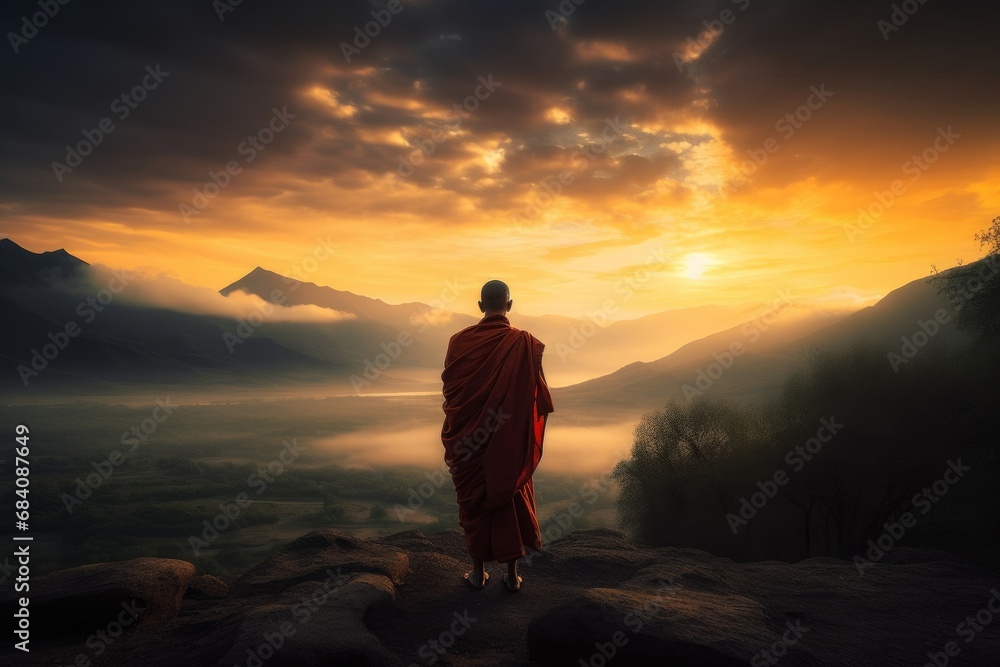 tibetan monk at sunset image created with ai, Generative AI  - obrazy, fototapety, plakaty 