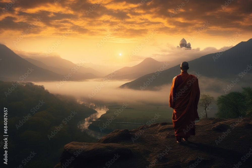 tibetan monk at sunset image created with ai, Generative AI 
