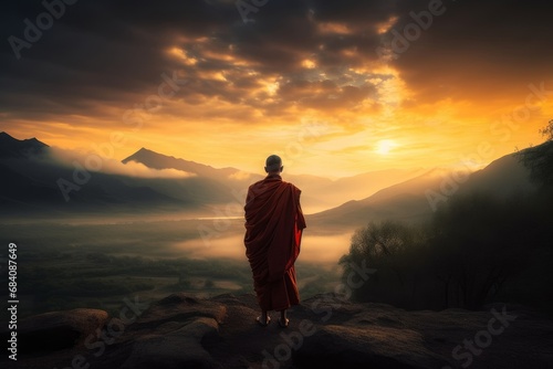 tibetan monk at sunset image created with ai, Generative AI  photo