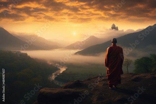 tibetan monk at sunset image created with ai  Generative AI 