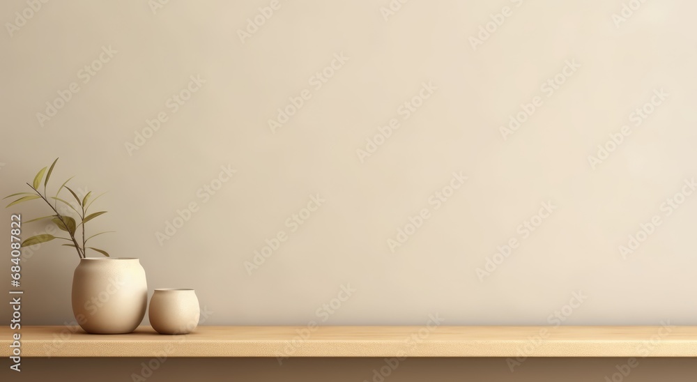 Simple beige light background for presentation with a wooden shelf on the wall wood. Simple beige light background for presentation with a wooden shelf on the wall wood.