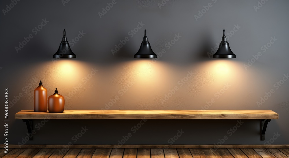 Simple beige light background for presentation with a wooden shelf on the wall wood.
