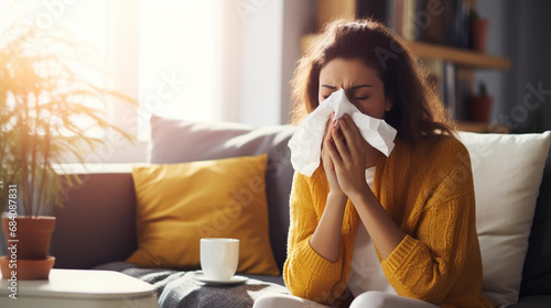 sick woman blowing his nose and coughing. ill with cold and angina flu. took day off and sits on sofa couch at home; sick woman blowing their nose while she sits on the couch at home. photo