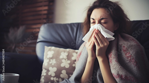sick woman blowing his nose and coughing. ill with cold and angina flu. took day off and sits on sofa couch at home; sick woman blowing their nose while she sits on the couch at home.