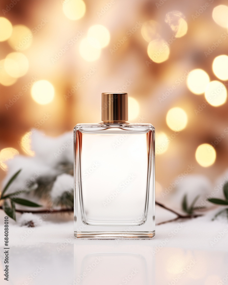 Mock up of elegant glass perfume bottle. Isolated in calming Scandinavian Christmas background with trees and golden lights. Beauty product packaging. Product photography. Holiday, winter celebration. Mock up of elegant glass perfume bottle. Isolated in calming Scandinavian Christmas background with trees and golden lights. Beauty product packaging. Product photography. Holiday, winter celebration.