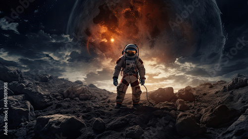 Space exploration background. Astronaut standing on an alien planet