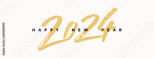 Happy New Year 2024 horizontal banner or header for website, greeting card or poster. 2024 logo text design with handwritten gold numbers 2024 and sparkling star confetti isolated on white background