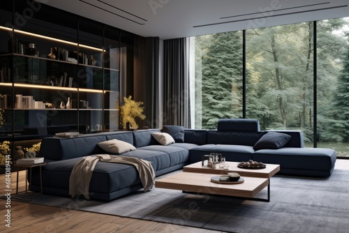 mordern living room with big tree windows and dark blue corner sofa photo