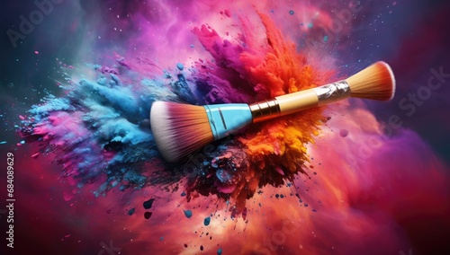 Makeup brush with loose powder, blush and eye shadow. Colorful powder photo