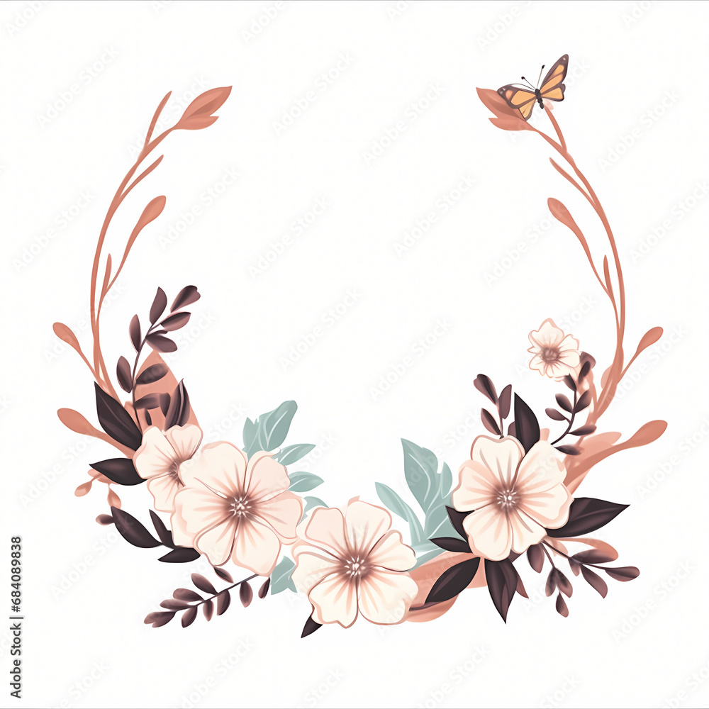 Vector floral bouquet decorate design wedding, invitation, poster or logo. Flowers butterfly circle cute