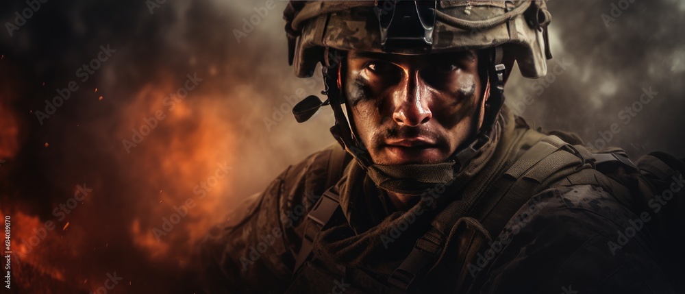 Determined soldier with combat gear against fiery background. Military service and bravery. - obrazy, fototapety, plakaty 