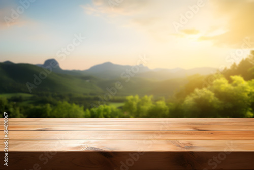 Empty wooden table light brown wood texture Blurred background  natural view Flower garden and blurred mountains