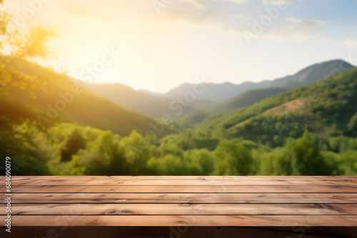 Empty wooden table light brown wood texture Blurred background, natural view Flower garden and blurred mountains