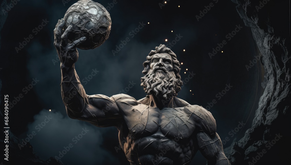 a marble statue of a mighty Greek god carrying a globe a marble statue of a mighty Greek god carrying a globe