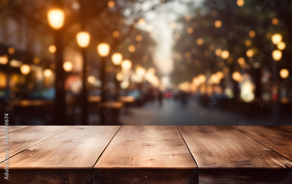 Empty wooden table light brown wood texture Blurred background, night city, bokeh, surreal lights Empty wooden table light brown wood texture Blurred background, night city, bokeh, surreal lights
