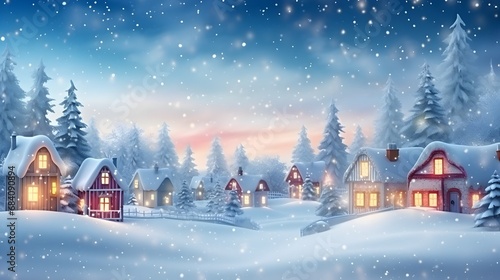 Charming storybook town covered with snow, with glowing windows and a magical night backdrop