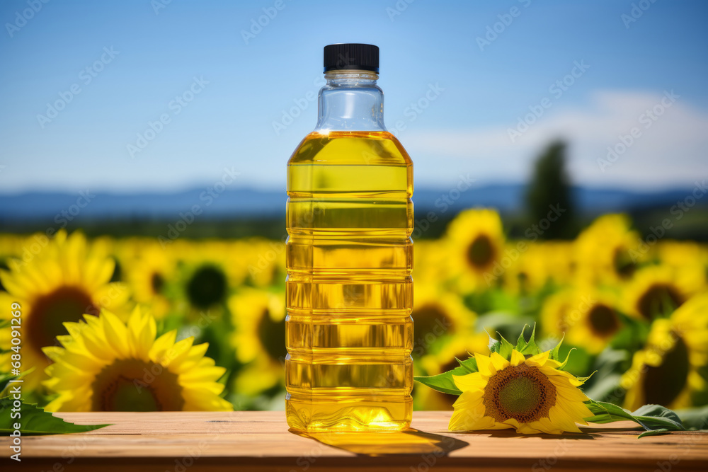 Plastic bottle of sunflower oil on a wooden table with a sunflower field backdrop. Generative AI Plastic bottle of sunflower oil on a wooden table with a sunflower field backdrop. Generative AI