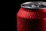 Red soda can and water drops on black background. Generative AI