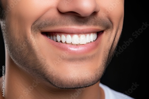 Closeup male model face with clean dental, fresh breath and happy tooth implant, aesthetic beauty or healthy cosmetic