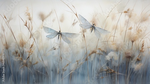 Gossamer Wings of Dragonflies Amidst Reeds. photo