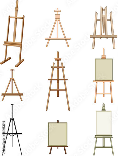 easel set cartoon. canvas stand, blank empty, wood exhibition easel sign. isolated symbol vector illustration