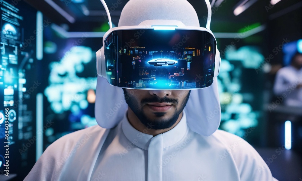 Saudi youth male, future, augmented reality head gear, 3D hologram background, modern, desk, giant computer, white costume, depth of field, photo-realistic, 8K, high-definition Saudi youth male, future, augmented reality head gear, 3D hologram background, modern, desk, giant computer, white costume, depth of field, photo-realistic, 8K, high-definition
