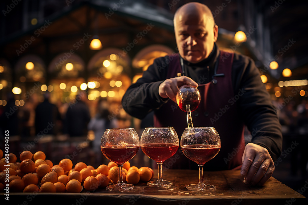 Mulled wine in the hands of a man close-up at a Christmas market