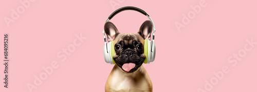 Funny dog with headphones on a color background. photo