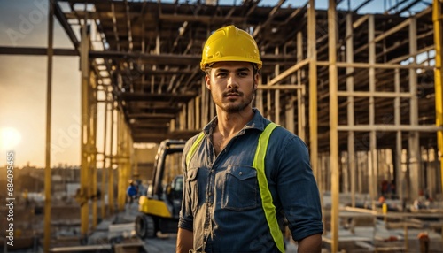 male in dress, 38D cup, perfect face, yellow helmet, HDR, cinematic view, full body view, in construction site © Syed