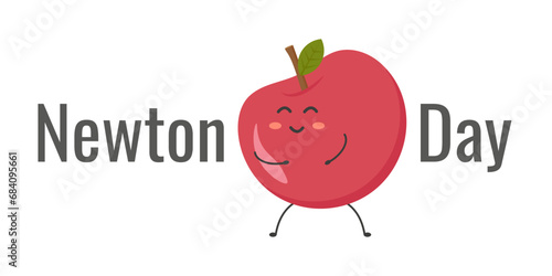 Happy Newtons day festive background with apple. Cute cartoon apple in the center of the text. Funny vector illustration.