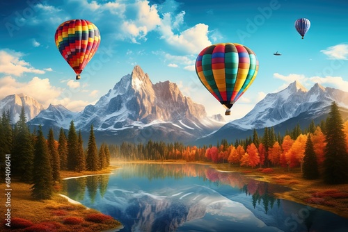 Colorful hot air balloons flying over the beautiful landscape of nature