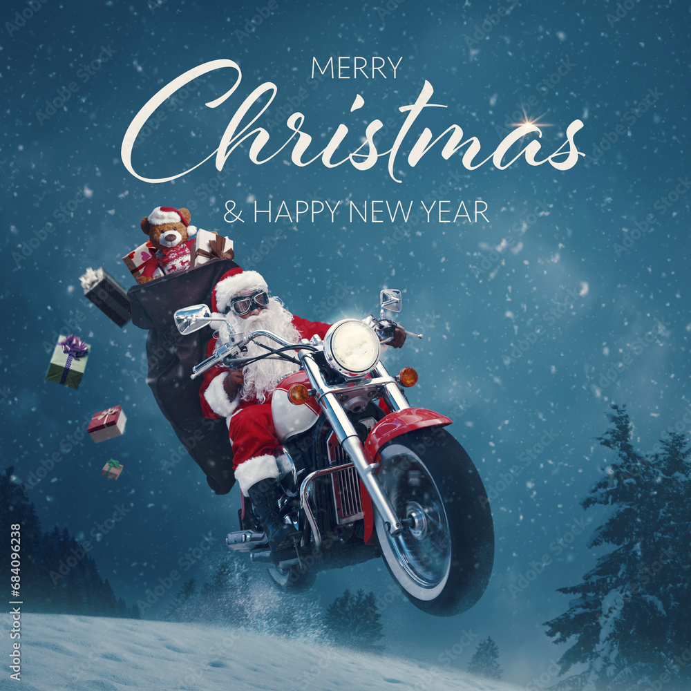 Fototapeta premium Christmas card with rider Santa Claus