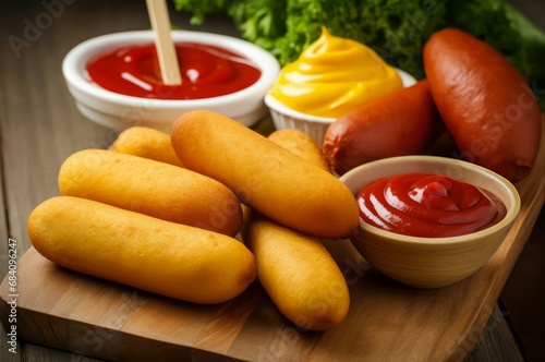 Homemade corn dogs wooden board. Fast food hot grilled tasty. Generate Ai