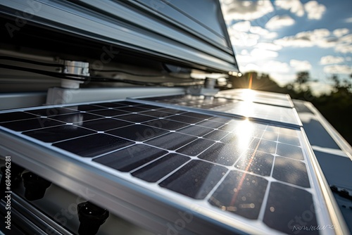 Solar panels mounted on vehicle roof capturing suns energy. Eco-friendly transportation. photo