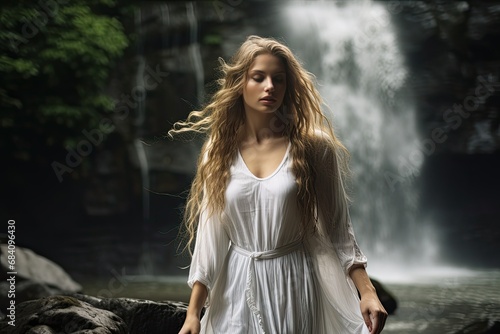 Sunlit tranquil scene by the falls. Woman with flowing locks  standing prominently against waterfall. Harmony between nature and elegance.