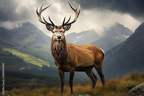 Dominant deer in foreground with misty mountain peaks in distance. Fauna and rugged landscapes.
