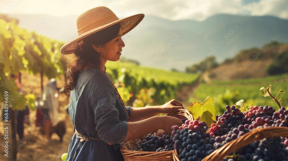 copy space, stockphoto, peruvian woman picking grapes in a vineyard. View of a beautiful latin woman working in a vineyard. Production process of making wine. - obrazy, fototapety, plakaty 