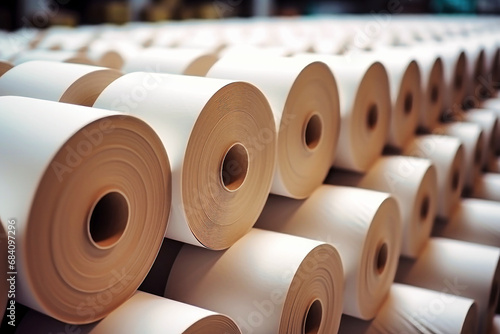 Large rolls of paper at a paper and cardboard production plant. Finished products. Rolls of paper for further processing. photo