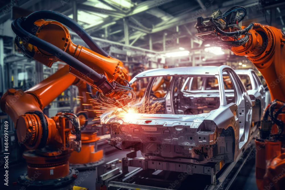 Assembly line for the production of modern cars. Robots weld a car body on a conveyor belt. Automated assembly. Modern technologies.