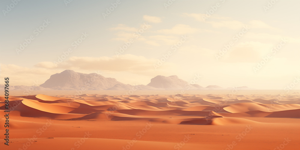 landscape of a hot desert with sand dunes and rocks on a horizon