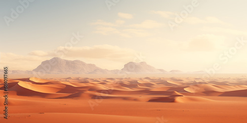landscape of a hot desert with sand dunes and rocks on a horizon