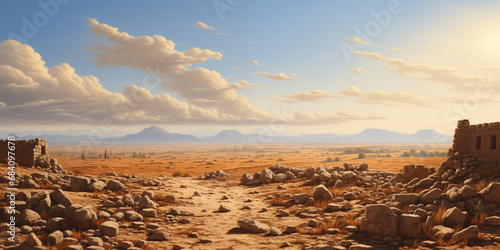 arid landscape, desert plain with ruins of an ancient city