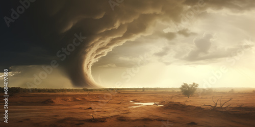 dramatic landscape with tornado in desert area photo