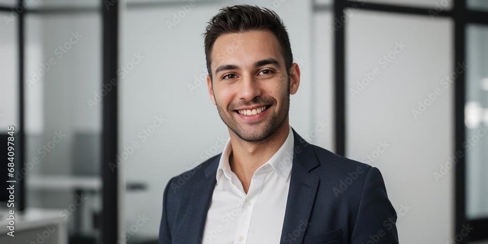 Successful male entrepreneur smiling at the camera. Professional business background with copy space.
