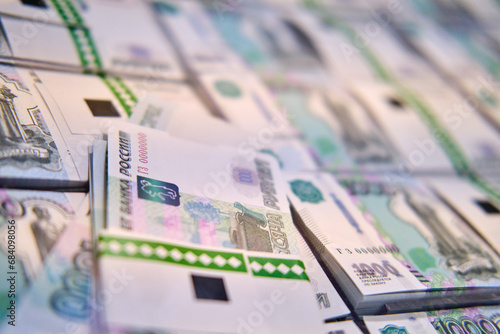 Banknotes of 1000 rubles in bundles of banknotes, close-up photo