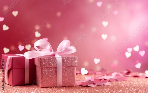 Romantic background with pink gift boxes in the corner and hearts. Pink background with glitter for Valentine's day promotions.