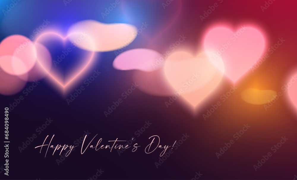 Happy Valentine's Day! Blurred hearts with neon light effect. Love, feelings and wedding background. Happy Valentine's Day! Blurred hearts with neon light effect. Love, feelings and wedding background.