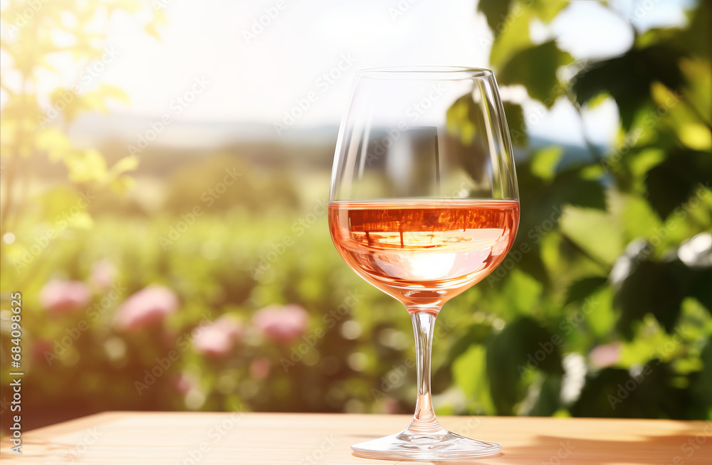Glass of rose wine on a table against the backdrop of a vineyard at sunset. Wine making concept